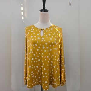 Liz Claiborne Mustard Yellow Floral Blouse PL Petite Large Long Sleeve Top